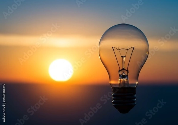 Fototapeta 夕焼けと電球　輝くアイデアイメージ