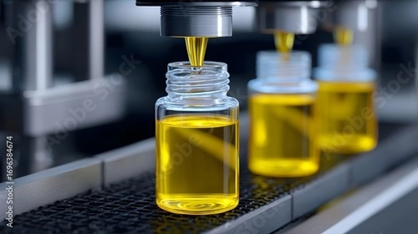 Fototapeta Close-up view of scientific laboratory equipment and experiment with amber-colored liquid samples in test tubes or beakers during a research or analytical process