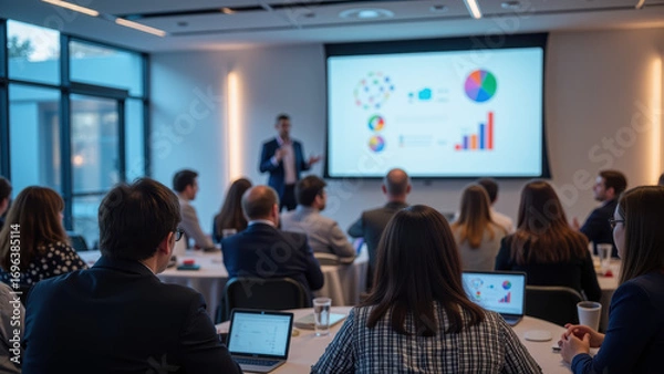 Fototapeta Engaging business presentation in modern conference room with speaker showcasing data visuals. Attendees focus on charts and graphs