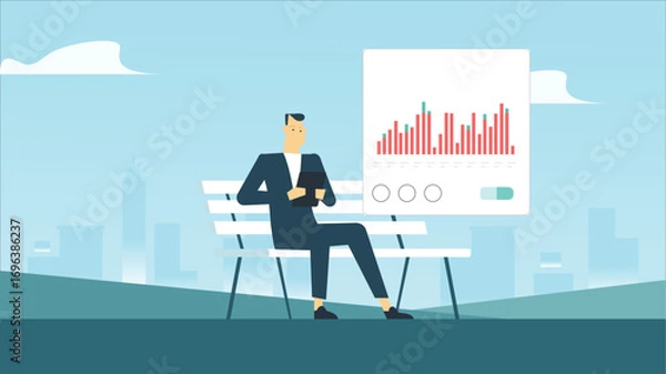 Fototapeta Businessman Analyzing Data on Tablet with Cityscape Background