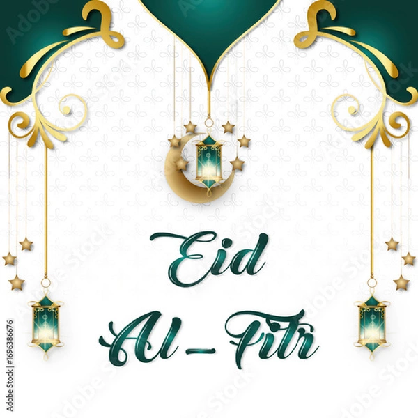 Fototapeta Eid alfitr greeting with hanging lanterns, crescent moon, stars, and ornate golden swirls on a transparent background