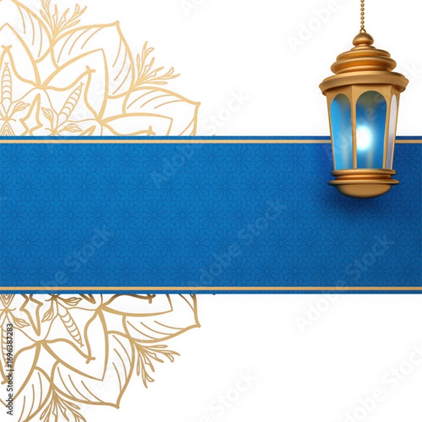 Fototapeta Decorative blue banner with golden ornate mandala pattern and a hanging golden lantern on a transparent background