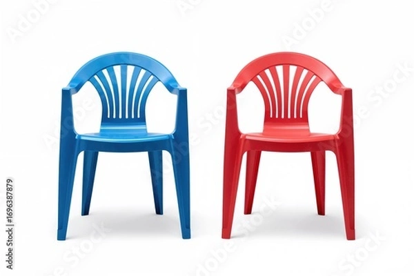 Fototapeta Blue plastic chair and stool viewed from front and side, isolated on white background with clipping path.