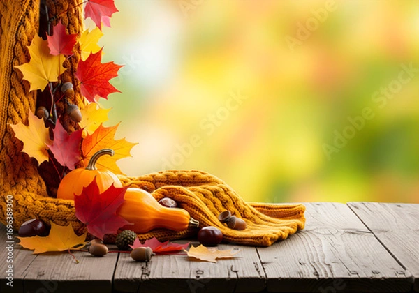 Fototapeta Atmospheric autumn composition with pumpkins and leaves on a wooden background with space for text.