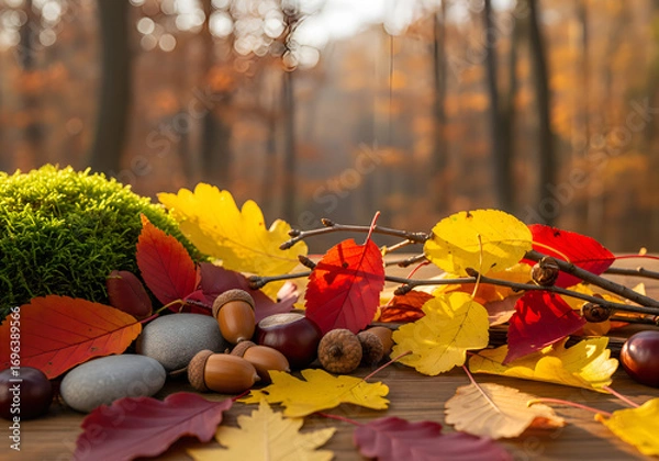 Fototapeta A picturesque autumn composition with fallen leaves and cones on the grass.