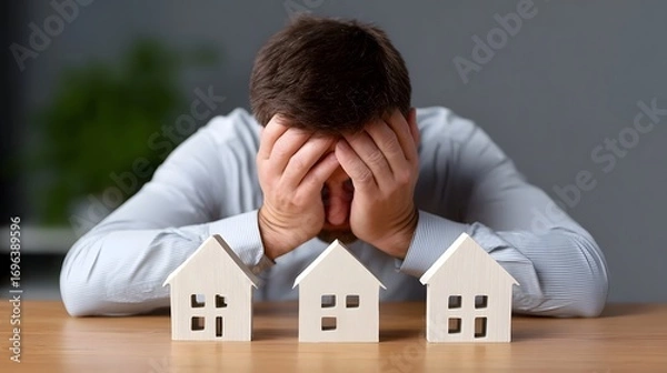 Fototapeta A man sitting at a table, head in hands, with small house models in front of him, indicating concerns about mortgage, loans, and housing-related financial problems.