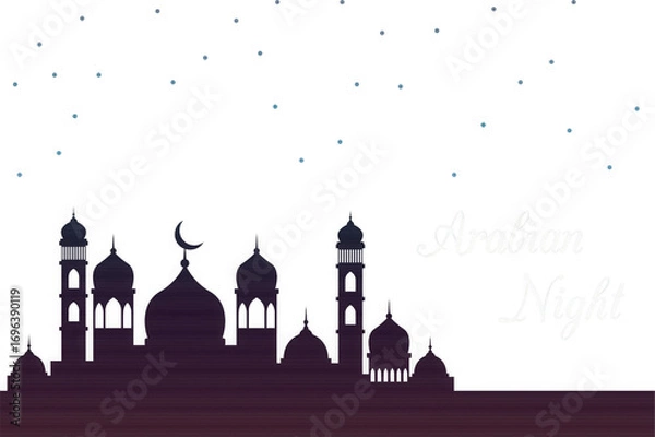 Fototapeta Silhouette of a mosque with crescent moon and stars on a transparent background, representing islamic culture and ramadan night