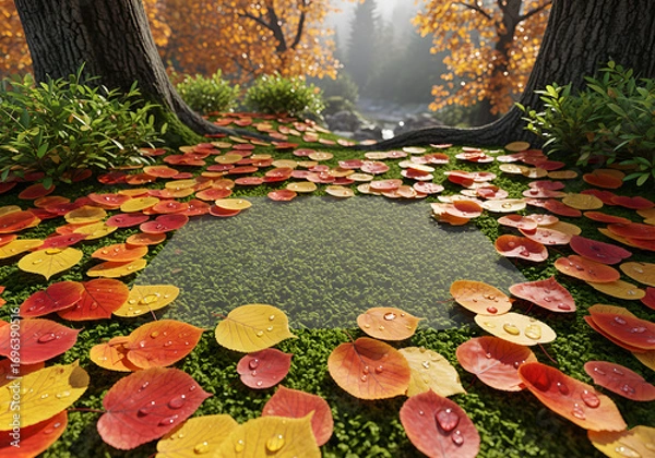 Fototapeta A picturesque autumn composition with fallen leaves and cones on the grass.