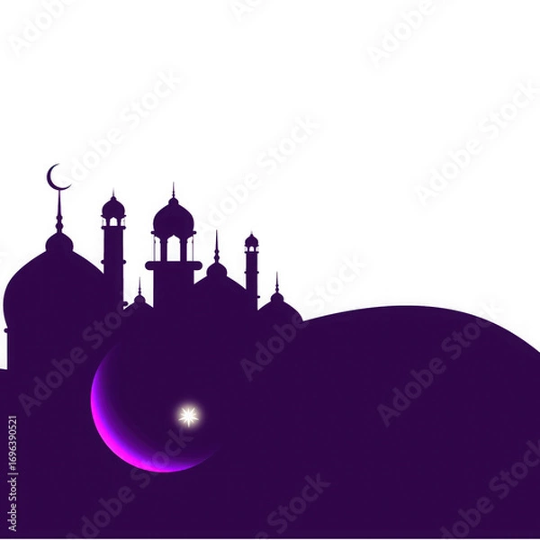 Fototapeta Purple silhouette of a mosque with a crescent moon and star, isolated on transparent background