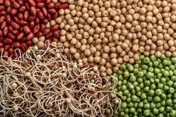 Fototapeta Assortment of legumes, sprouts, and beans in various forms from above. Includes raw, dried, and fresh varieties such as red beans, lentils, mung beans, chickpeas, soybeans, edamame, and green peas.