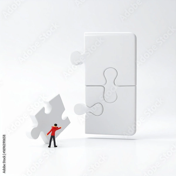 Fototapeta 3d minimal problem solving concept. teamwork collaboration concept. A jigsaw puzzle is going to connect together. 3d illustration.challenge, collaboration, complete, jigsaw, join, Generative Ai