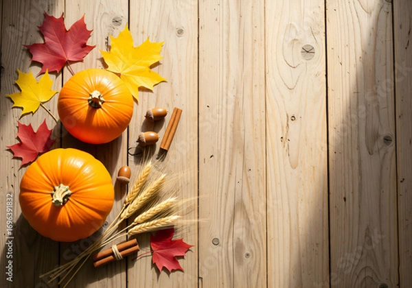 Fototapeta Atmospheric autumn composition with pumpkins and leaves on a wooden background with space for text.