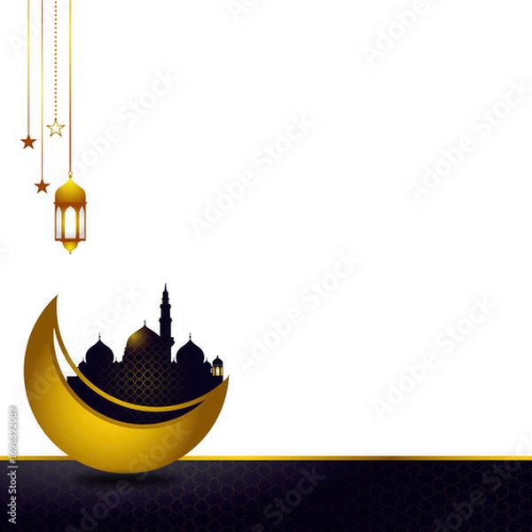 Fototapeta Golden crescent moon with mosque silhouette and hanging lanterns and stars, isolated on transparent background