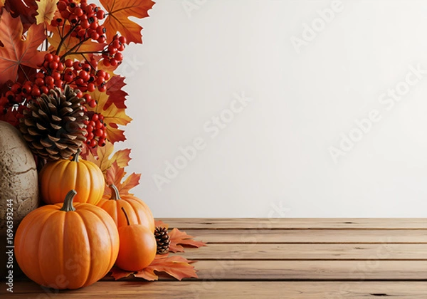 Fototapeta Atmospheric autumn composition with pumpkins and leaves on a wooden background with space for text.