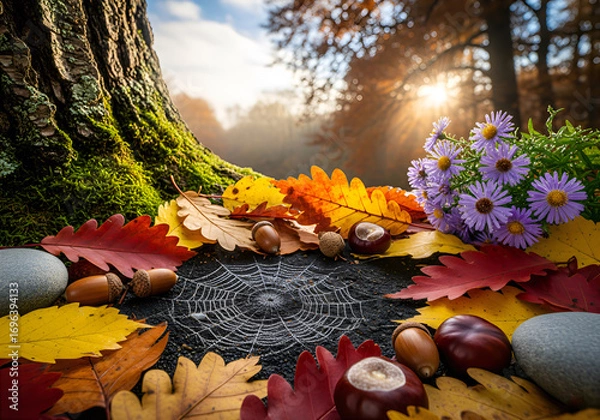 Fototapeta A picturesque autumn composition with fallen leaves and cones on the grass.
