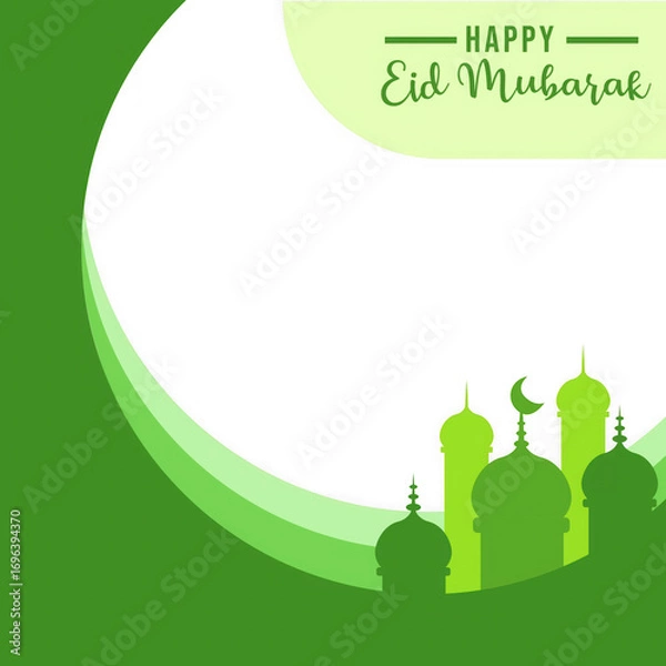 Fototapeta Happy eid mubarak greeting with green mosque silhouette and abstract wave design, isolated on transparent background