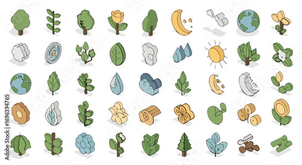 Fototapeta Vibrant isometric nature, planet, and weather vector icon pack trees leaves flowers sun moon clouds