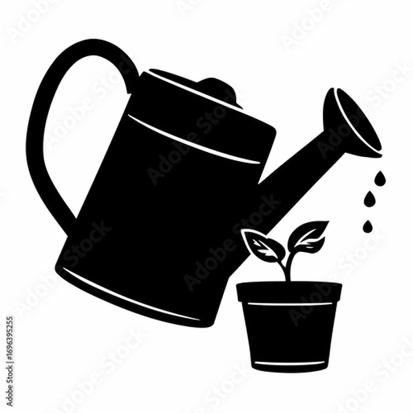 Obraz An old metal watering can with a flower and garden tools is on a white background