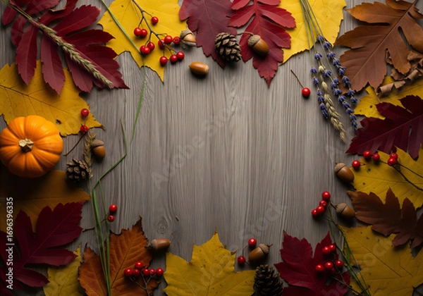 Fototapeta Atmospheric autumn composition with pumpkins and leaves on a wooden background with space for text.