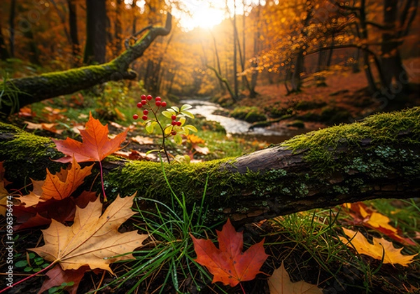 Fototapeta A picturesque autumn composition with fallen leaves and cones on the grass.