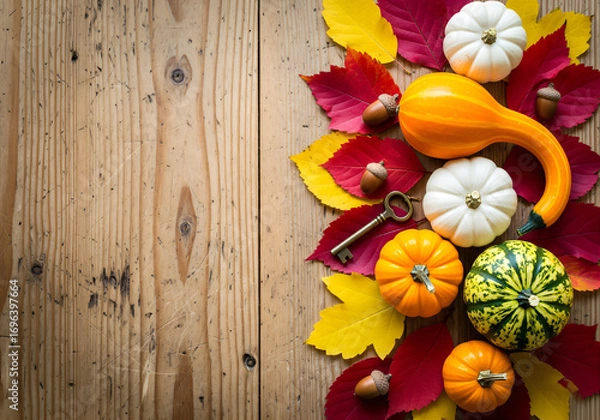 Fototapeta Atmospheric autumn composition with pumpkins and leaves on a wooden background with space for text.