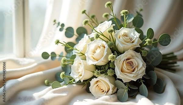 Fototapeta Bouquet of white roses with eucalyptus on soft fabric near window