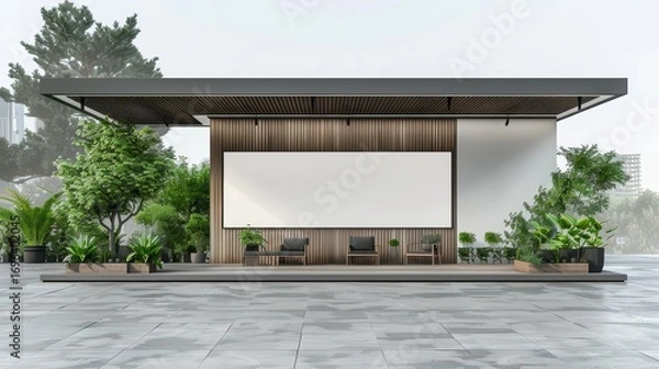 Fototapeta Modern outdoor space with minimalistic design and greenery accents