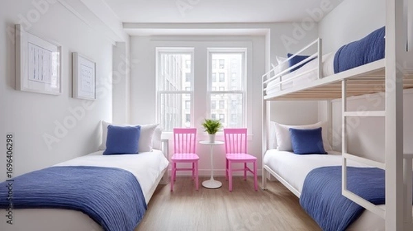 Fototapeta Bright and modern bedroom featuring two single beds with blue bedding, a bunk bed, pink chairs, and large windows creating a cheerful and inviting atmosphere