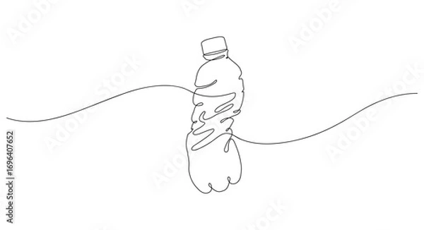 Obraz Used PET bottle on waves. Crushed plastic bottle floating in water. One line drawing illustration of crumpled trash. Vector illustration representing ecology and environmental pollution concept
