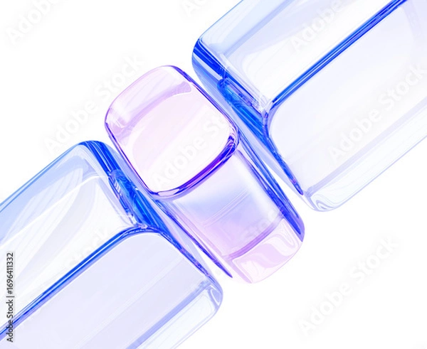 Fototapeta Abstract glass 3d background with crystal diagonal line pattern. Holographic transparent square cubes, rectangle blocks with rounded corners and blue purple gradient texture render
