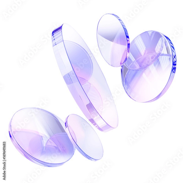 Fototapeta 3d crystal light holographic glass round disks on light background. Abstract circle discs with iridescent gradient, glare and motion effect. Render geometric cylinder plate shapes