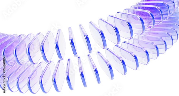 Fototapeta 3d background with glass holographic rectangular plates rows. Abstract wave curve pattern. Transparent rectangle shapes with rounded corners, light purple gradient and motion effect