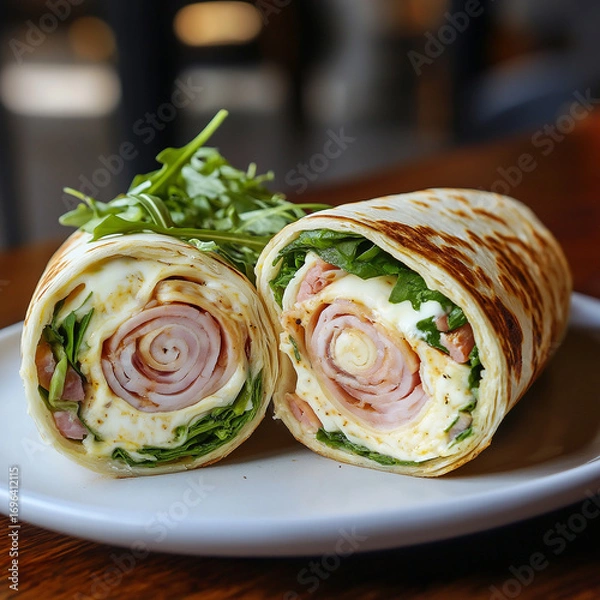 Fototapeta Delicious wraps with ham, cheese, and fresh spinach served on a plate for a tasty lunch