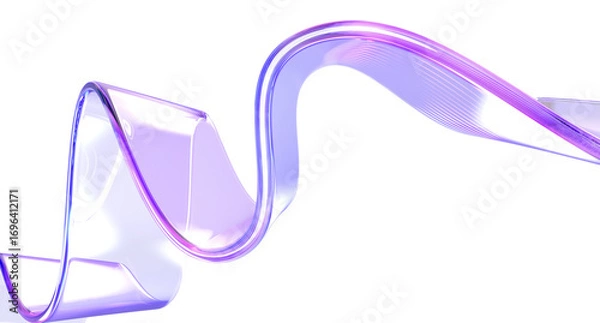 Fototapeta 3d glass holographic liquid transparent ribbon wave line render. Abstract fluid gradient tape. Fluid flow curve shape with flare and motion effect in purple pink light hologram colors
