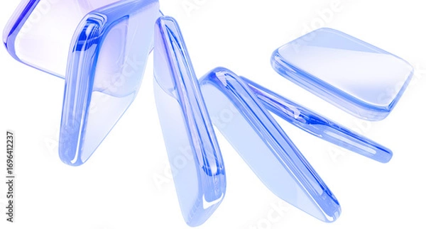 Fototapeta Abstract 3d background wallpaper with blue glass transparent square plates, motion effect render. Liquid water block shapes. Geometric curve wave pattern. Digital tech graphic design