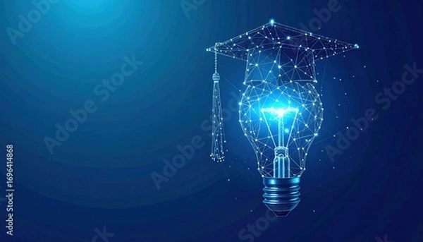 Fototapeta A glowing light bulb with a graduation cap symbolizes education and innovation, blending creativity and knowledge in a digital design.