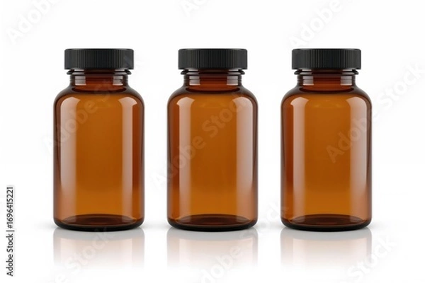 Obraz Transparent glass bottle with empty brown medicine pill and its reflection on white background, perfect for mockup and graphic design with clipping path.