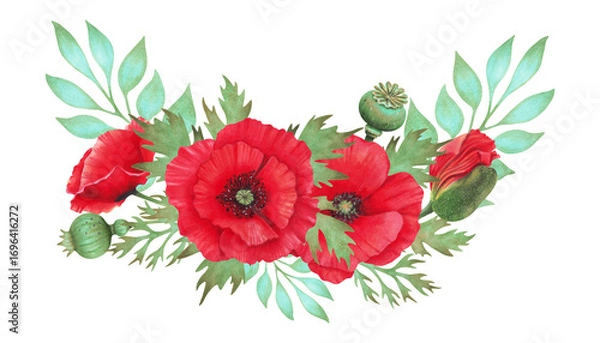 Fototapeta Horizontal composition of scarlet poppy flower with pod and turquoise branch. Botanical watercolor illustration. Hand drawn isolated work. Symbolism of memory, peace. Wild flowers for packaging, card
