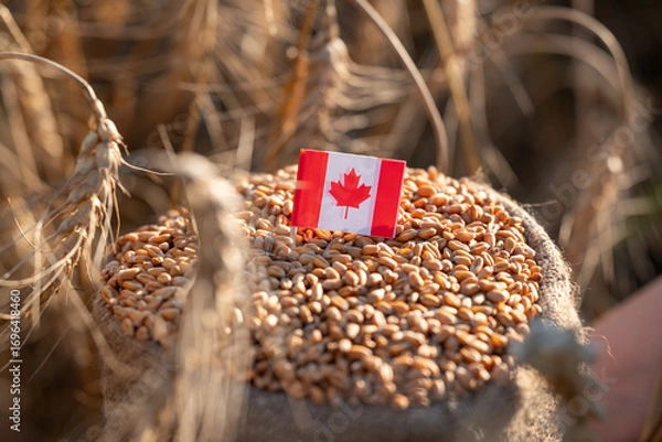 Obraz A bag of wheat grain with a flag of Canada in a field. Close-up of a bag of wheat grain with a Canadian flag inserted, symbolizing the wheat harvest in Canada