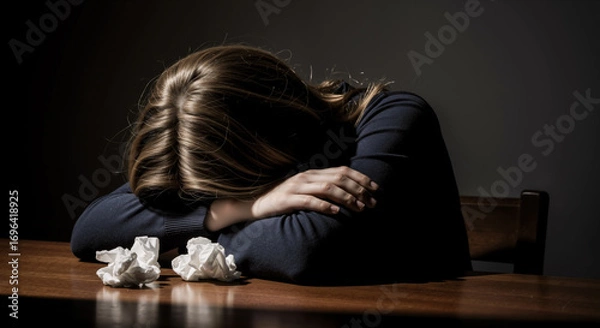 Fototapeta A figure rests their head on a table next to crumpled papers, bathed in a single beam of light, conveying a sense of emotional exhaustion and surrender.