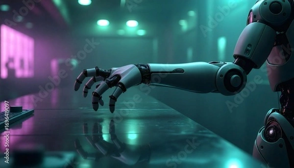 Fototapeta robotic hand reaching out towards computer keyboard on desk