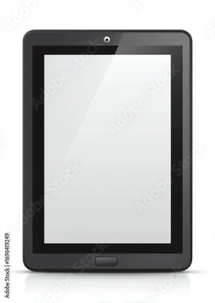Fototapeta Black tablet with a blank white screen, centrally positioned with a subtle reflection against a white backdrop