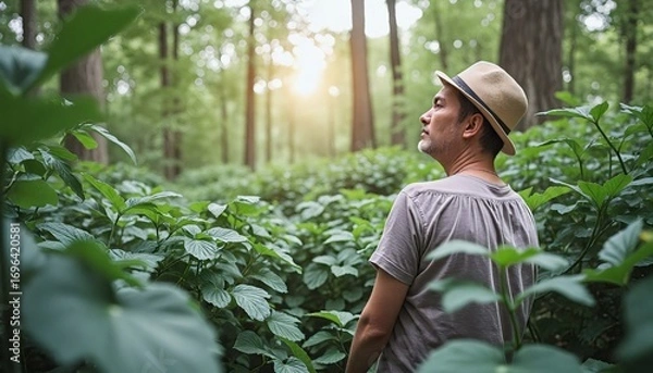 Fototapeta man standing in middle of dense forest