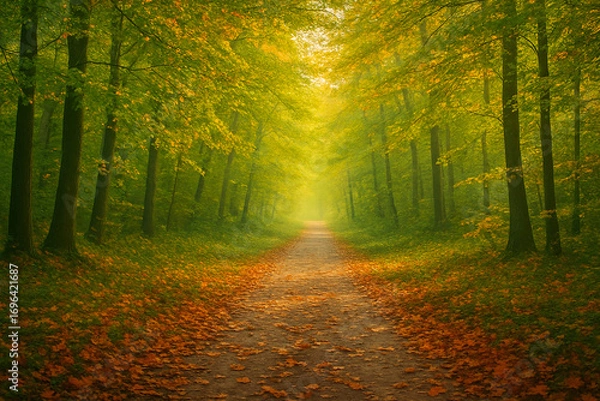 Fototapeta Path in the autumn forest with sun rays passing through the trees.