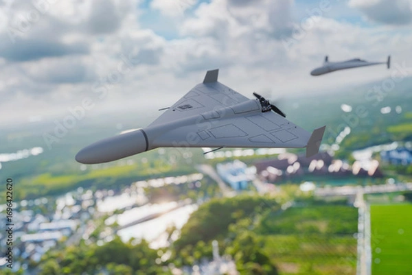 Fototapeta Military drone in flight over landscape, showcasing modern unmanned aerial vehicle technology used for surveillance, defense, and reconnaissance missions against a backdrop of fields and clouds