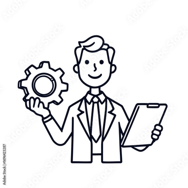 Obraz Cartoon business person in a suit with a gear