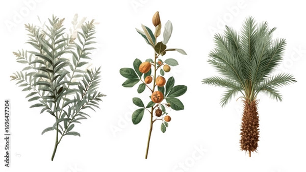 Fototapeta Botanical Illustration Trio Silver Leaf, Fruiting Branch, and Cycad Palm