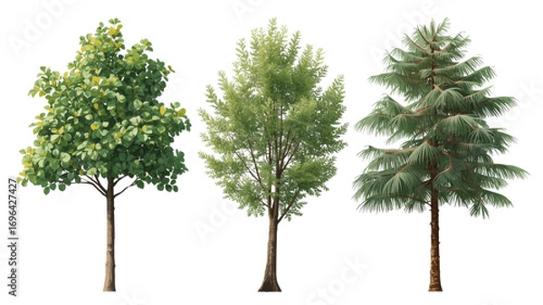 Fototapeta Three Diverse Tree Species Deciduous, Broadleaf, and Coniferous Trees Isolated on Transparent Background