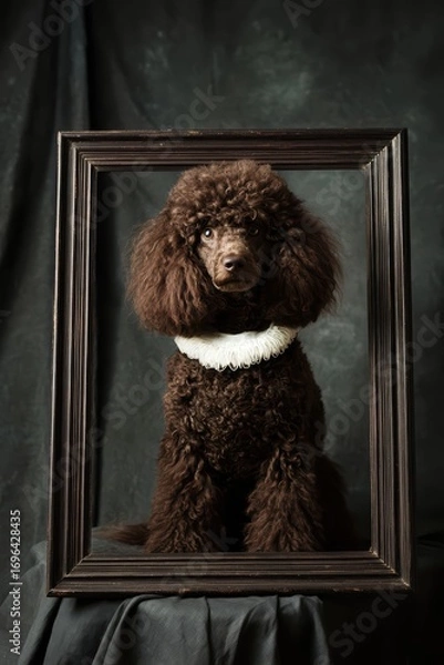 Fototapeta Elegant brown poodle in vintage frame with white ruffles, set against grey backdrop for classic artistic composition.