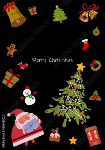 Fototapeta Merry Christmas and Happy New Year background with decorated element.Santa Claus,tree,gift, snowman, balls for cards, greeting, poster and banner design.